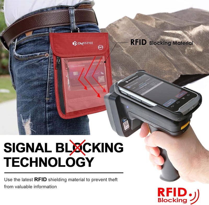 OMYSTYLE Neck Wallet, RFID Passport Holder for Travel, Adjustable Neck Strap, Waterproof Neck Pouch for Men & Women to Keep Cash, Credit Cards and Documents Safe, Red (8x6) - Image 4